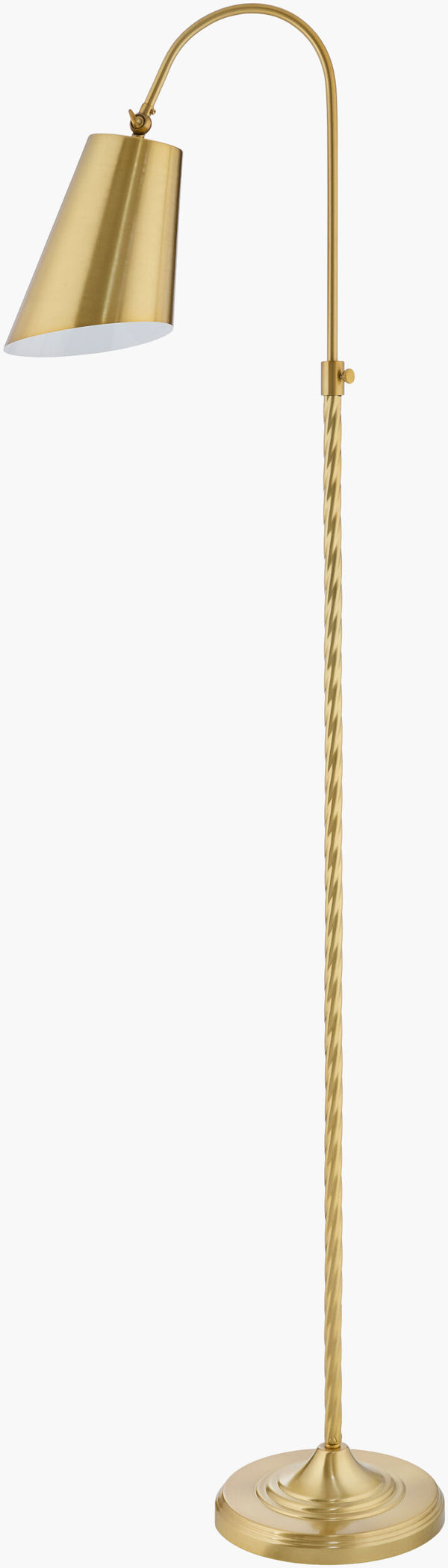 Surya Klawer 67" Industrial Rustic Accent Floor Lamp - Stylish Iron Design For Home & Study Ambiance Body, Metallic ,Brass,Base, Metallic ,Brass,Shade (Outside), Metallic ,Brass,Shade (Inside), White,Cord, Translucent Iron,Iron,Metal,Metal Klw-001