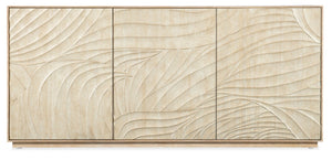 Hooker Furniture Retreat Coastal Entertainment Credenza With Carved Wave Fronts, Soft-Close Doors, Vented Av Hub Light Wood 6950-55472-80