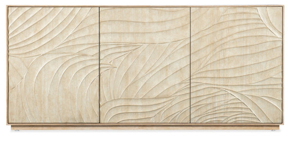 Hooker Furniture Retreat Coastal Entertainment Credenza With Carved Wave Fronts, Soft-Close Doors, Vented Av Hub Light Wood 6950-55472-80