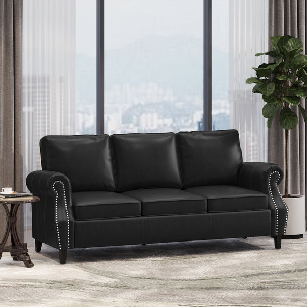 English Elm 3 Seater Pu Leather Sofa with Nailhead Trim Tapered Birch Legs for Modern Living 71405.00PUMDNT