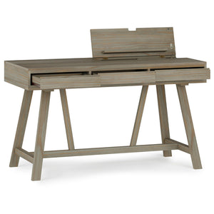 English Elm Bowman Handcrafted Flip-Up Desk in Distressed Grey with USB Power, 3 Drawers, Trestle Base, 54"W B136P158491