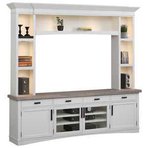 Parker House Americana Modern - Cotton 92 In. TV Console with Hutch and LED Lights Cotton with Weathered Natural Top Poplar Solids / Birch Veneers with Oak Top AME#92-3-COT