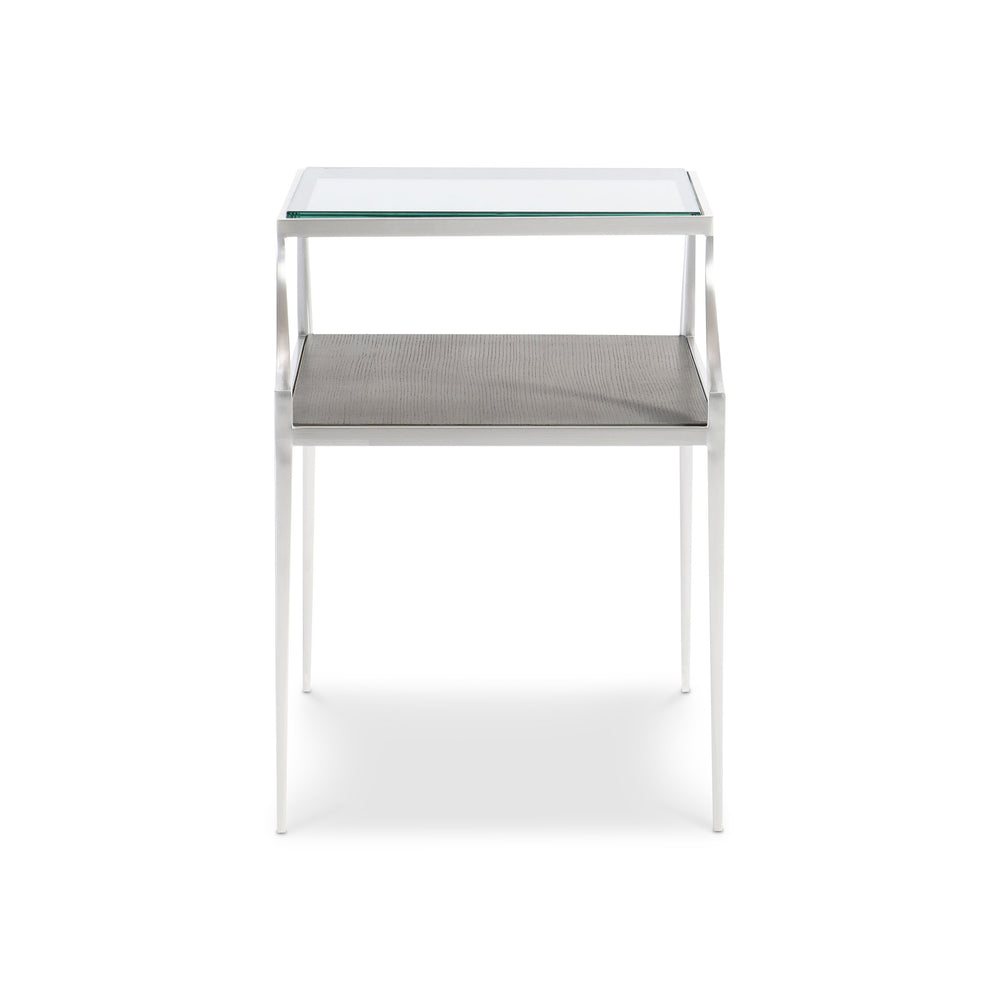 Bernhardt Bernhardt Cornelia Bi-Level Glass Side Table With Nebbia Wood Shelf Brushed Stainless Steel Legs 331121