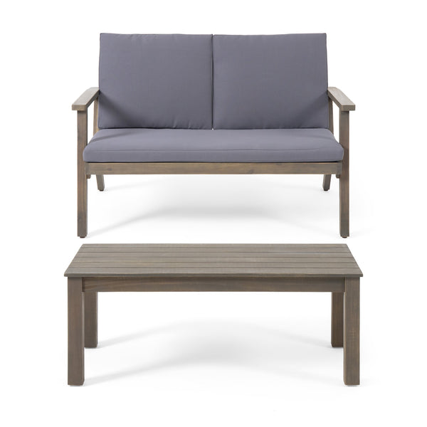 English Elm Christopher Knight Home® - Acacia Outdoor Loveseat and Coffee Table Set with Cushions, Mid-Century Acacia Wood Patio Seating DARK GREY 68024.00DGRY