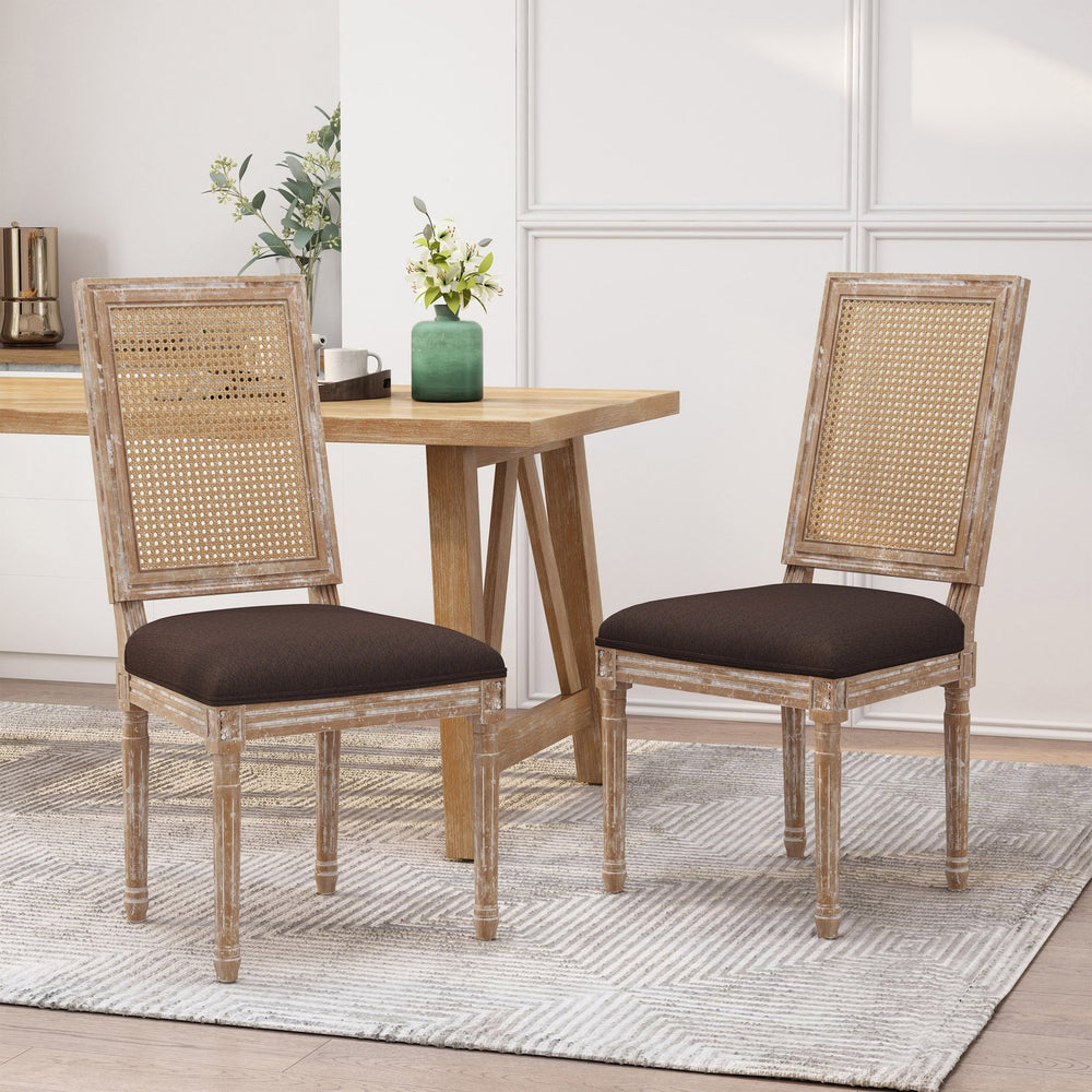 English Elm Dining Chair Set of Two with Cane Back Fluted Legs and Upholstered Seat French Style 71238.00BRNNTL