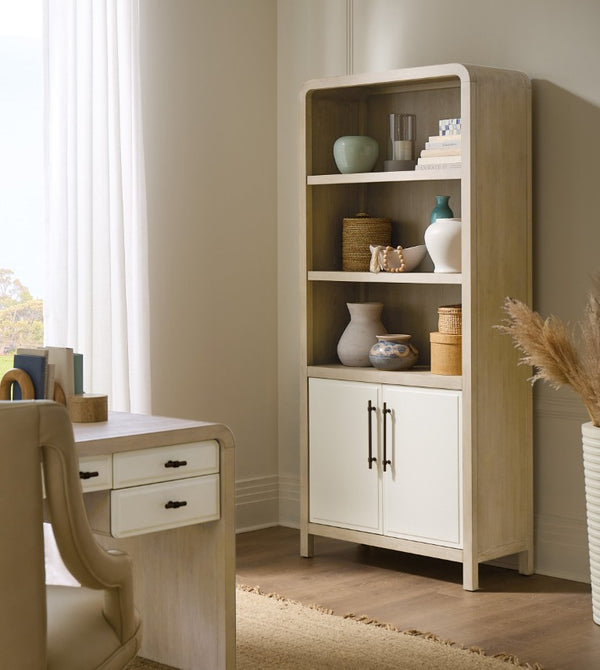 Hooker Furniture Brixton Bookcase With Two-Tone Elm & Ivory Doors, Adjustable Shelves, Concealed Storage, 80"H 6022-10445-80