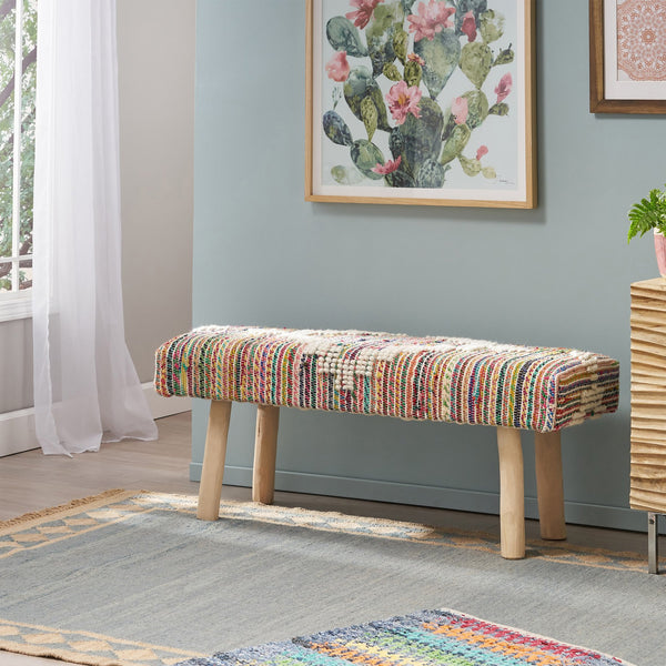 English Elm Christopher Knight Home® - Eucalyptus Wood Bench - Handcrafted Boho Upholstered Entryway Seating With Ivory Knit And Eco-Friendly Design 66418.00IVRMLT