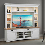 Parker House Americana Modern - Cotton 92 In. TV Console with Hutch Back Panel and LED Lights Cotton with Weathered Natural Top Poplar Solids / Birch Veneers with Oak Top AME#92-4-COT