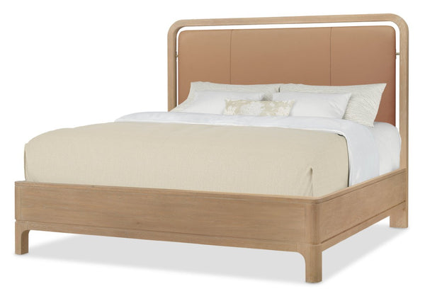 Hooker Furniture Banyon Modern King Panel Bed With Leather-Trim Headboard, White Oak Desert Finish, Sturdy Craftsmanship Brown 6081-90366-85