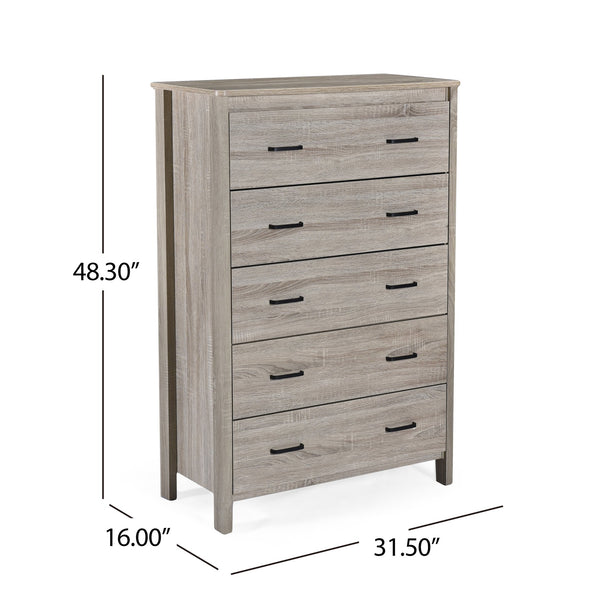 English Elm Christopher Knight Home® - Toolless 5-Drawer Chest with Faux Wood Finish, Moisture-Resistant MDF, Sleek Bar Handles, Compact Storage Oak 72039.00SONOAK