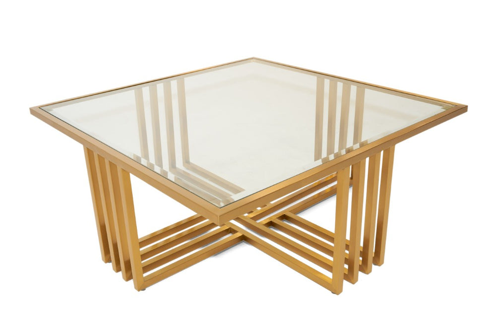 VIG Furniture Kodiak Tempered Glass Coffee Table With Brushed Gold Cross Frame, Square 43.3" Top, No Assembly VGODLZ-210RC