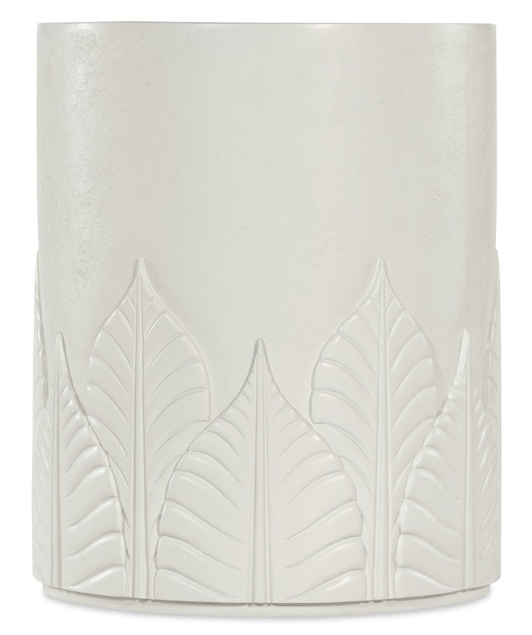 Hooker Furniture Commerce Amelia Round End Table — Textured White Plaster Finish, Embossed Leaf Motif, Compact 20” Surface 7228-80230-02
