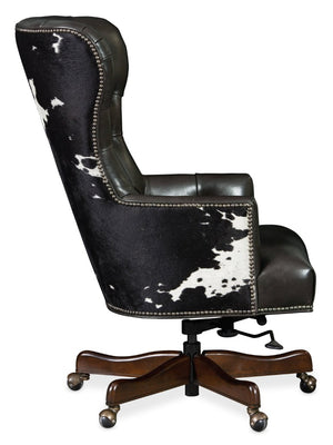 Hooker Furniture Katherine Executive Swivel Tilt Chair In Graphite Aniline Leather With Black & White Hair-On-Hide Accent, Tufted Wood Base EC448-097