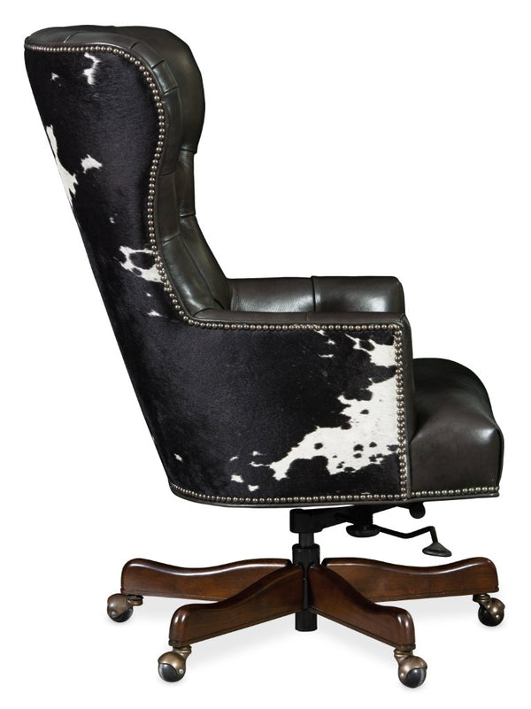Hooker Furniture Katherine Executive Swivel Tilt Chair In Graphite Aniline Leather With Black & White Hair-On-Hide Accent, Tufted Wood Base EC448-097