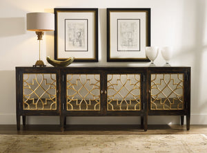 Hooker Furniture Sanctuary Four-Door Mirrored Console With Ebony Finish, Gold Leaf Fretwork & Adjustable Shelving 3005-85005