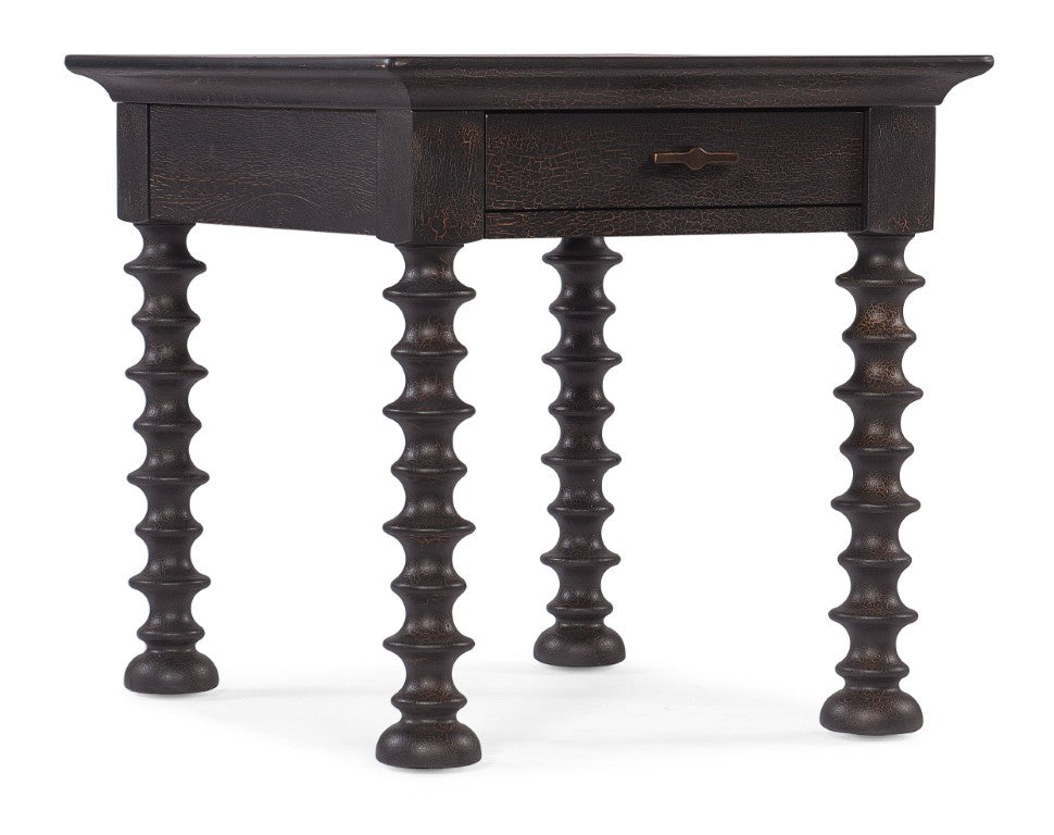 Hooker Furniture Big Sky Turned Leg End Table With Pecky Hickory Veneers, Charred Timber Finish, Self-Closing Drawer, Rustic Hardware And Farmhouse Charm 6700-80313-98