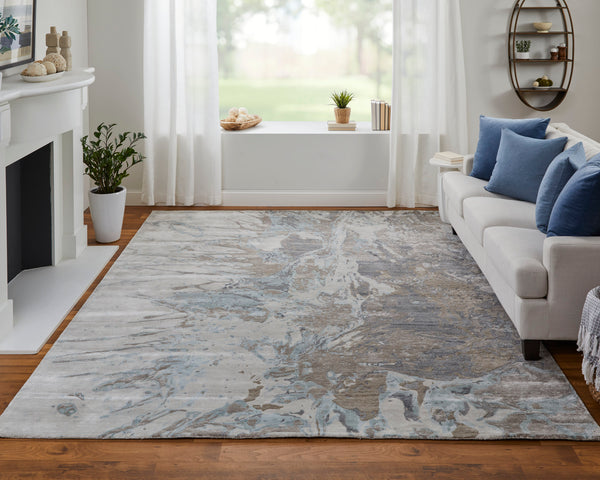 Feizy Rugs Zarah Modern Elegance Hand-tufted Viscose And Wool Rug, Abstract Watercolor Design For Your Home Gray,Tan,Blue Viscose,Wool Zrh8918fgryblug00