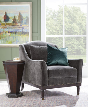 A.R.T. Furniture Magritte Accent Chair In Charcoal Velvet With Aged Brass Trim & Stylish Camel Back Design Grey Rubberwood Solids,Foam,Fabric,Metal 528503-1730aa