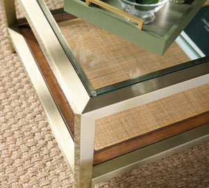 Hooker Furniture Melange Polished Steel & Cane Cocktail Table With Tempered Glass Top, Lower Cane Shelf, Transitional Style 628-80560-15