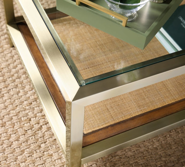 Hooker Furniture Melange Polished Steel & Cane Cocktail Table With Tempered Glass Top, Lower Cane Shelf, Transitional Style 628-80560-15