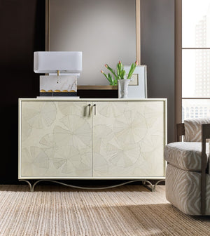 Hooker Furniture Melange White Lotus Hall Chest Artisan-Crafted White Lotus Marquetry, Soft-Close Doors, Gray Leafed Base 628-85723-02