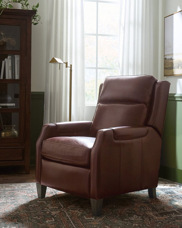 Hooker Furniture Nelson Dark Roast Leather Power Recliner W/Usb, Power Headrest, Bustle Back & Tapered Wood Legs RC818-PH-089