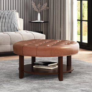English Elm Round Tufted Pu Leather Ottoman with Open Shelf Storage for Living Room Light Brown 71589.00COGN