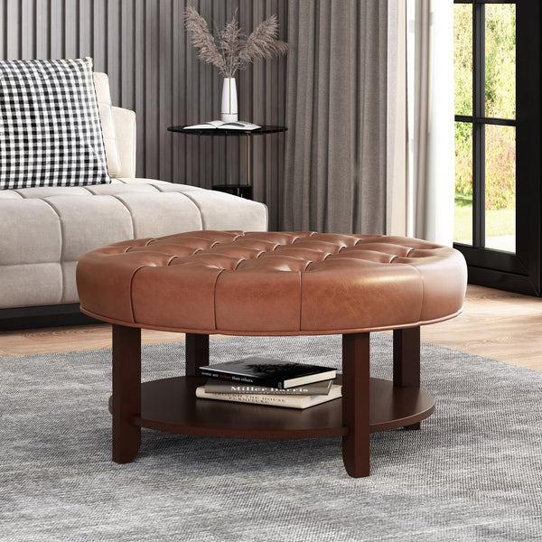 English Elm Round Tufted Pu Leather Ottoman with Open Shelf Storage for Living Room Light Brown 71589.00COGN
