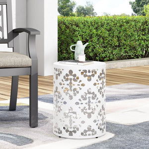 English Elm Outdoor Iron Accent Table Laser Cut Floral Cylinder Design for Patio or Balcony White 73605.00WHI