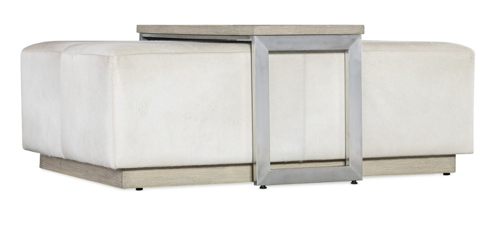 Hooker Furniture Melange Cream Hair-On-Hide Bridged Cocktail Table With Movable Wood Tray, Light Plinth Base, Luxe Texture 628-80481-95