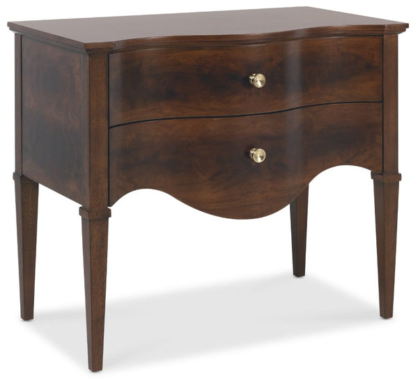 Hooker Furniture Archives Sculpted Two-Drawer Nightstand In Classic Walnut Veneer With Satin Brass Knobs, Timeless Elegance 6123-90116-89