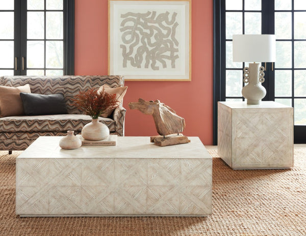 Hooker Furniture Commerce Block Buster End Table — Distressed Parquet Pine Cube With Plinth Base For Cozy Coastal Style Whites/Creams/Beiges 7228-80187-80