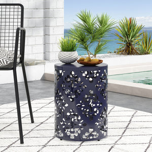 English Elm Outdoor Iron Accent Table Laser Cut Floral Cylinder Design for Patio or Balcony Navy Blue 73605.00NBLU