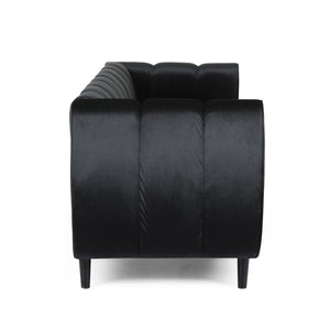 English Elm Miranda Channel Stitch Velvet Sofa Glam Living Room Seating with Tapered Birch Legs Black 68604.00ABLK_68604.00BBLK
