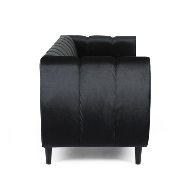 English Elm Miranda Channel Stitch Velvet Sofa Glam Living Room Seating with Tapered Birch Legs Black 68604.00ABLK_68604.00BBLK