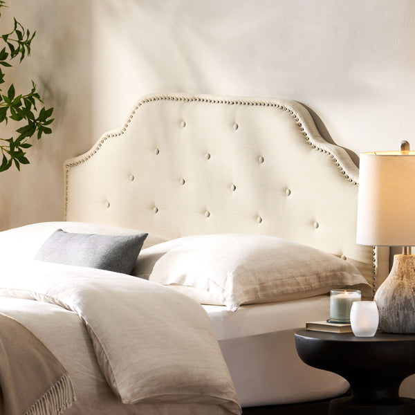 English Elm Tufted Queen Headboard with Nailhead Trim Solid Wood Frame and Adjustable Metal Legs Beige 57877.00