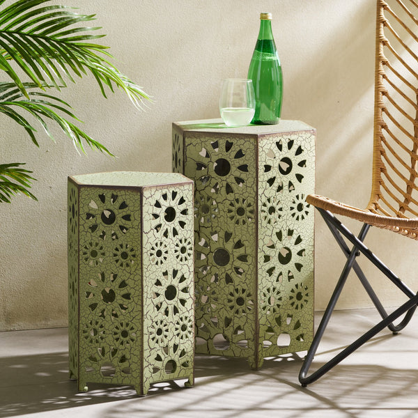 English Elm Eliana Outdoor Iron Nesting Side Tables with Sunburst Cutout and Crackle Finish Patio Accent Set Green 69740.00CGRN