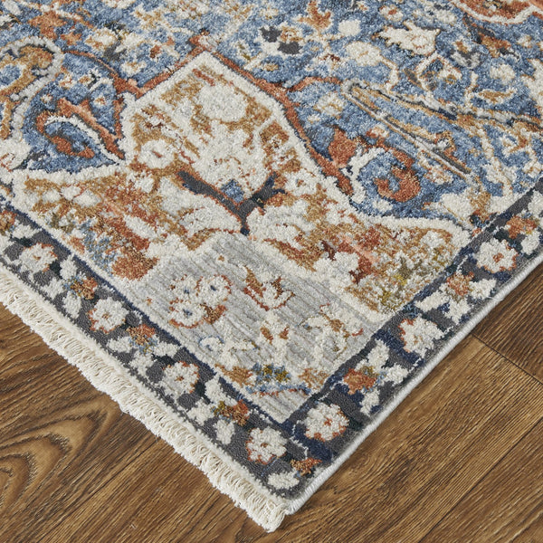 Feizy Rugs Kaia Luxurious Low Pile Area Rug – Soft, Durable Polypropylene Blend With Transitional Medallion Design Orange,Ivory,Blue Polypropylene,Viscose,Polyester Kai39hxfredblui10
