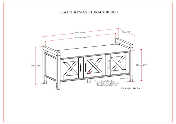 English Elm Ela Handcrafted Smoky Brown Entryway Storage Bench with 3 Shaker Doors, Shelves & Bronze Pulls B136P158603
