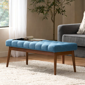 English Elm Christopher Knight Home® - Mid-Century Upholstered Storage Bench with Button-Tufted Top, Walnut Legs, Handcrafted Accent Seat Blue 61147.00BLU