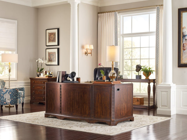 Hooker Furniture Charleston Executive Desk With Leather Writing Surface, Cherry Veneers, Walnut/Maple Inlay, 7-Drawer Storage 6750-10563-85