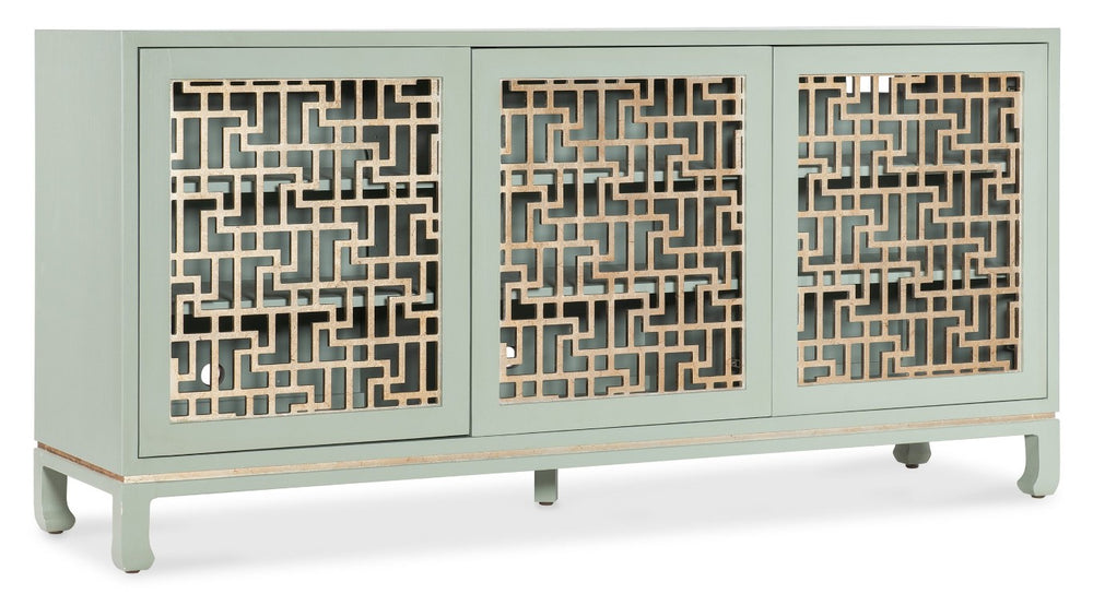 Hooker Furniture Commerce Trellis Entertainment Credenza In Light Green With Silver Leaf Fretwork, Soft-Close Doors, 70" Tv Ready 7228-55036-35