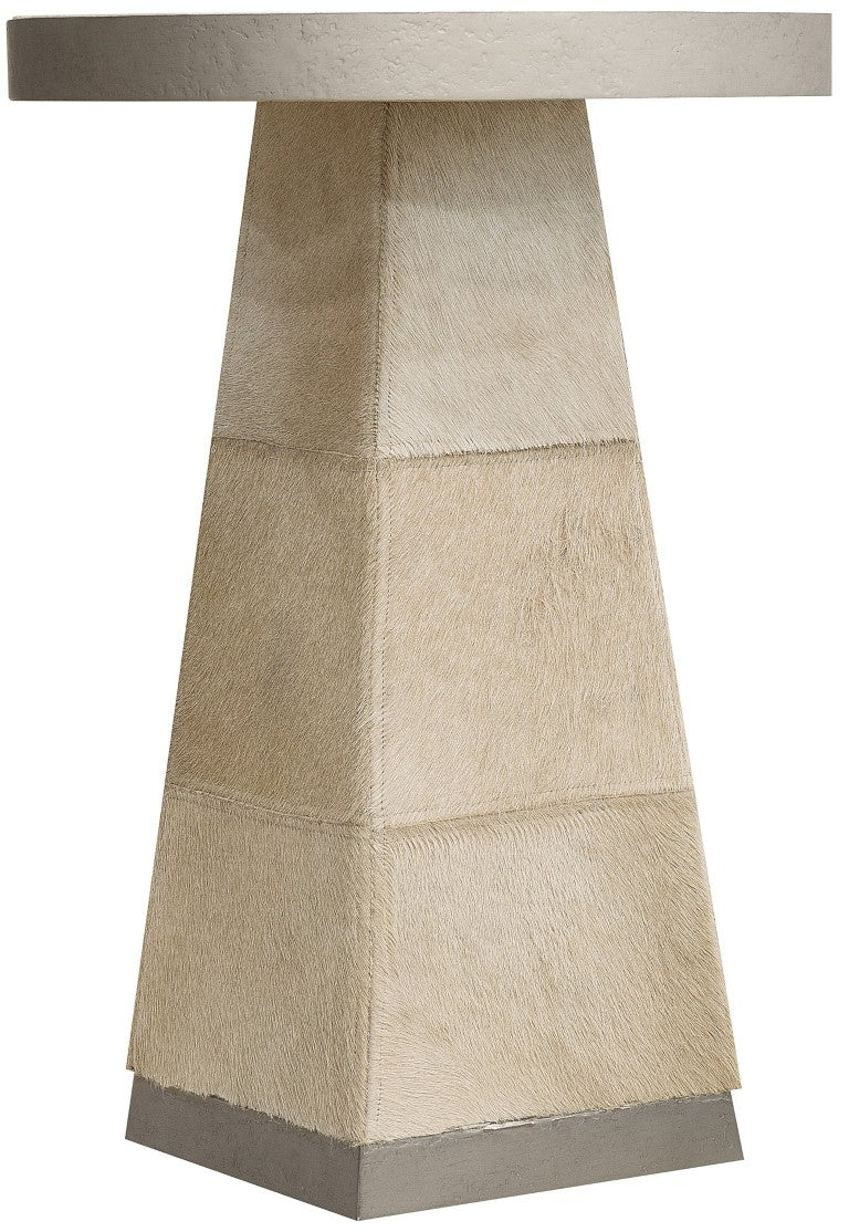 Hooker Furniture Melange Sculptural Travertine End Table With Hair-On-Hide Leather Base And Silver Metal Accents, Luxe Centerpiece 628-50001-00