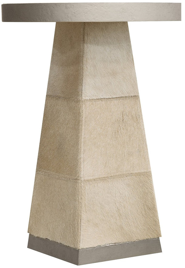 Hooker Furniture Melange Sculptural Travertine End Table With Hair-On-Hide Leather Base And Silver Metal Accents, Luxe Centerpiece 628-50001-00