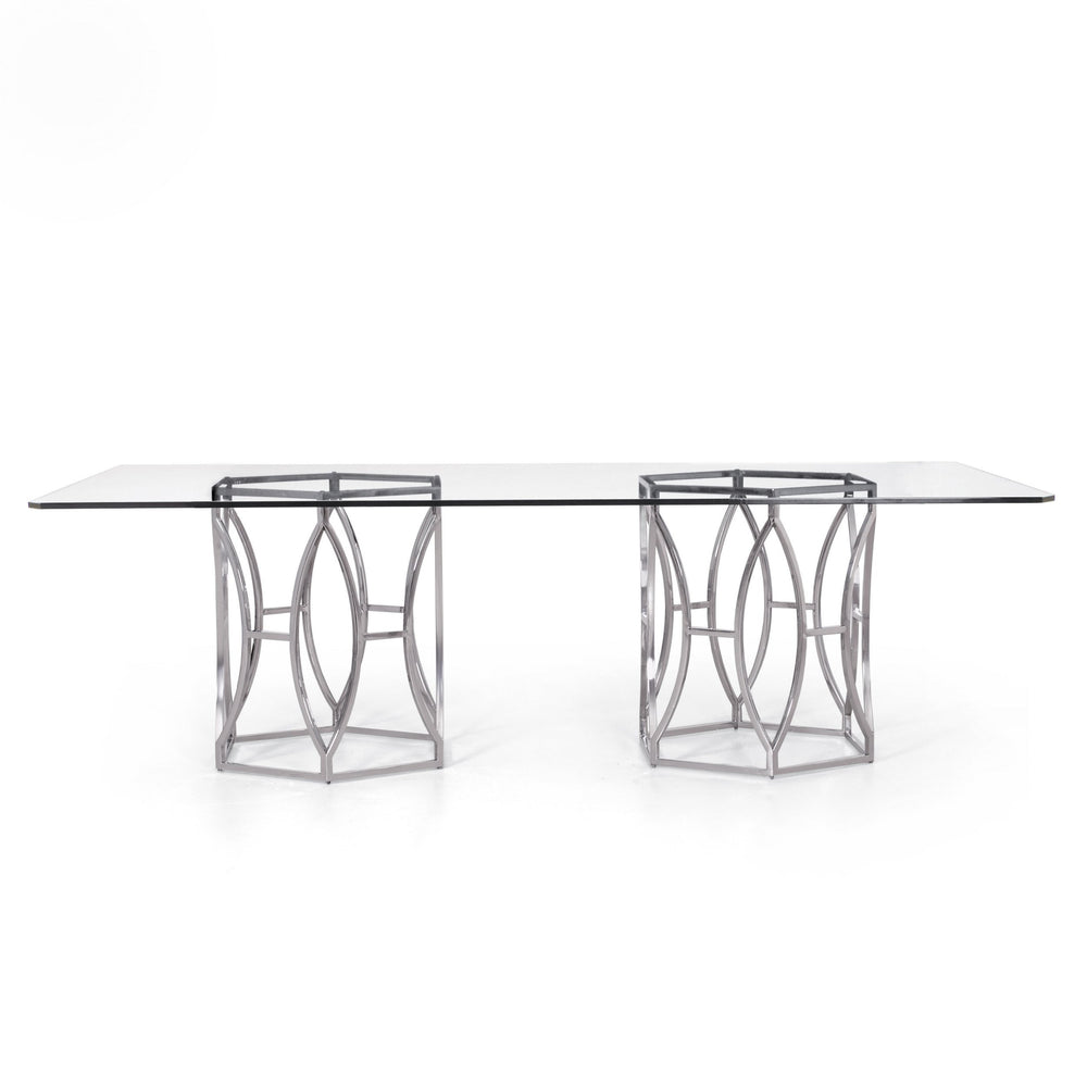Bernhardt Bernhardt Argent Dining Table With 5/8" Tempered Glass Top & Polished Stainless Hexagonal Bases, 100"W Glam Centerpiece K1404