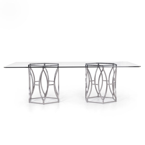 Bernhardt Bernhardt Argent Dining Table With 5/8" Tempered Glass Top & Polished Stainless Hexagonal Bases, 100"W Glam Centerpiece K1404