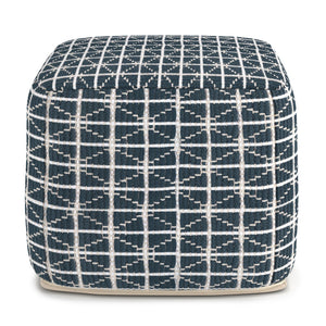English Elm Noreen Square Pouf Ottoman — Handcrafted Cotton Woven Pattern, Supportive Dense Bead Filling, 18" Blue B136P159330