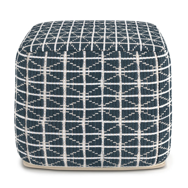 English Elm Noreen Square Pouf Ottoman — Handcrafted Cotton Woven Pattern, Supportive Dense Bead Filling, 18" Blue B136P159330