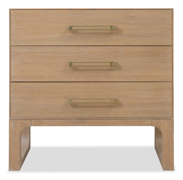 Hooker Furniture Banyon Desert Oak Three-Drawer Nightstand With Built-In Charging, White Oak Texture & Brushed Brass Pulls 6081-90016-82