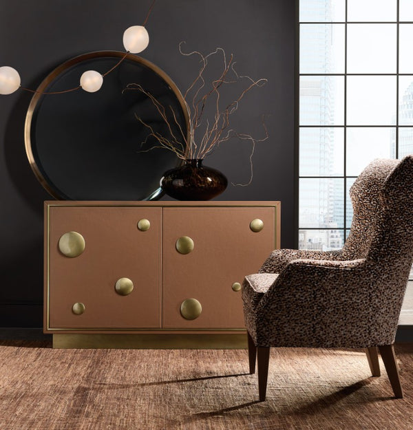Hooker Furniture Melange Luxe Leather Hall Chest With Gold Circle Accents, Soft-Close Doors, Adjustable Shelves 628-85722-85